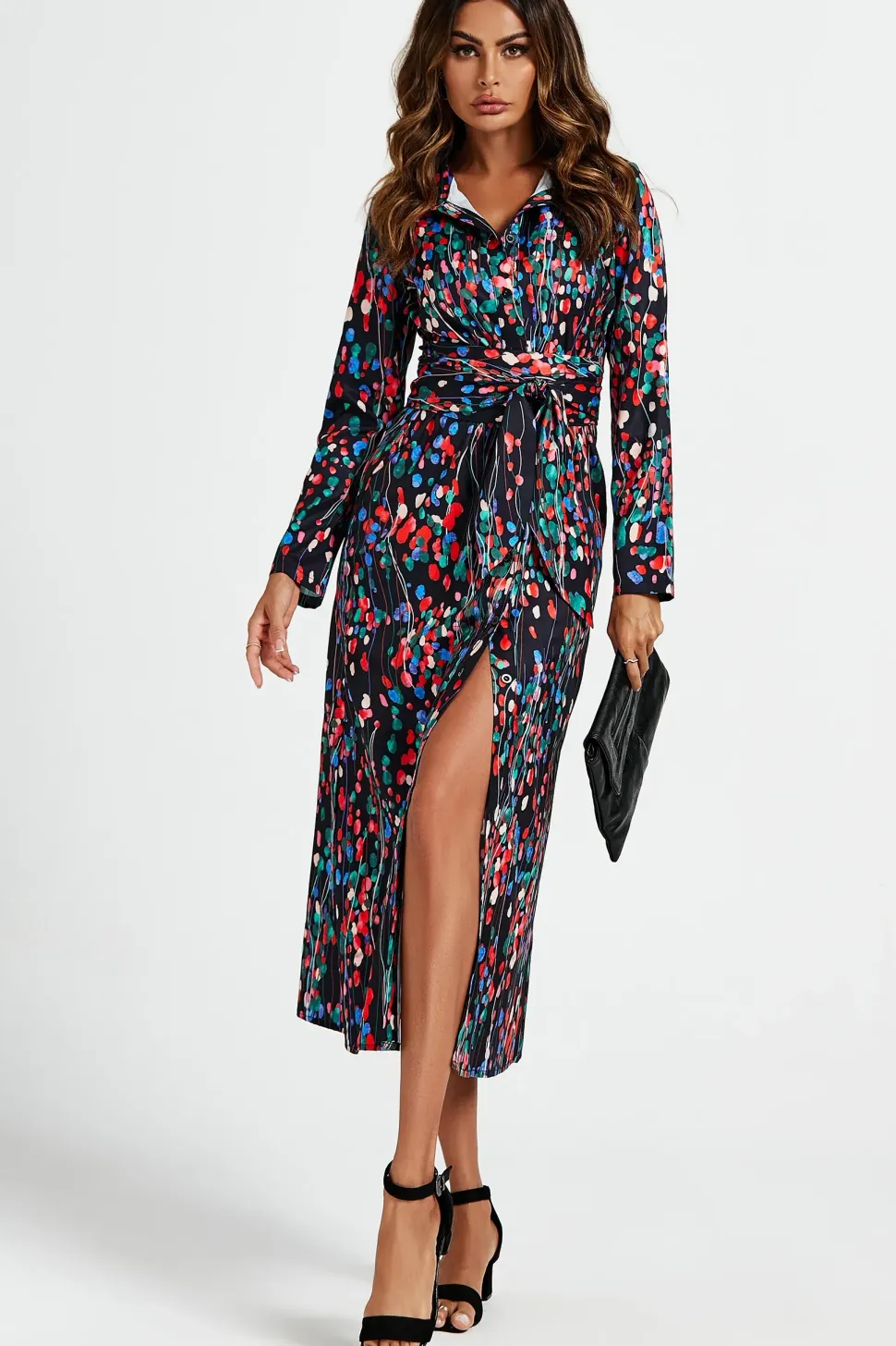 Abstract Floral Print Shirt Midi Wrap Dress In Black