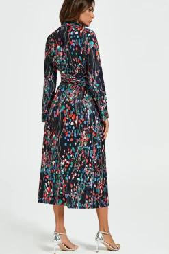 Abstract Floral Print Shirt Midi Wrap Dress In Black