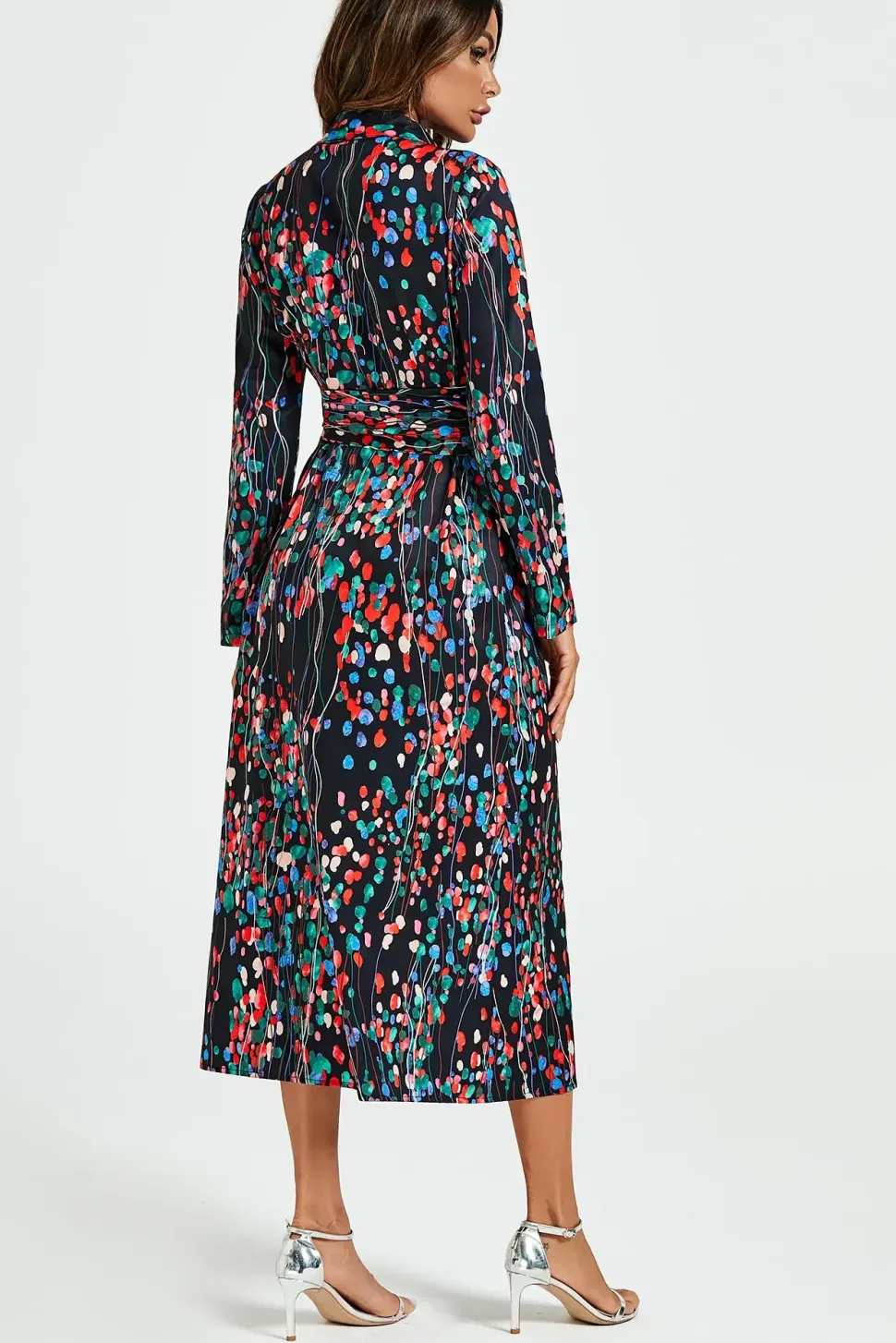 Abstract Floral Print Shirt Midi Wrap Dress In Black