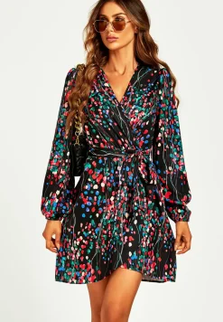 Abstract Floral Print Wrap Mini Dress In Black