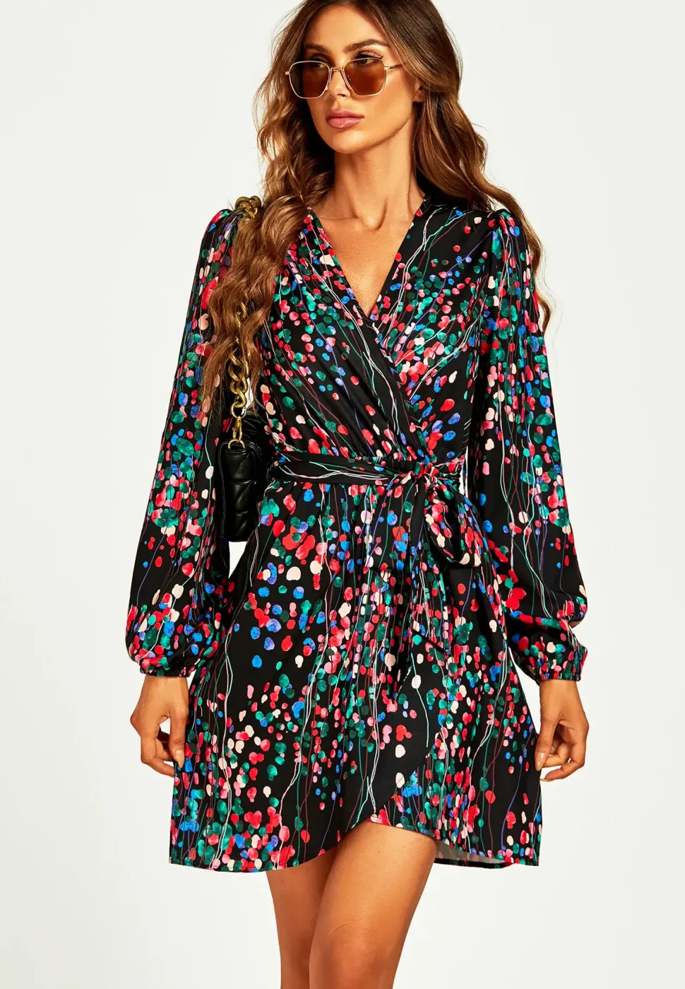 Abstract Floral Print Wrap Mini Dress In Black