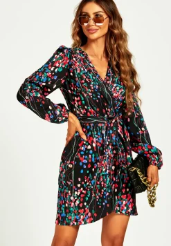 Abstract Floral Print Wrap Mini Dress In Black