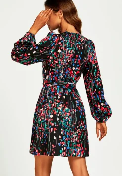 Abstract Floral Print Wrap Mini Dress In Black