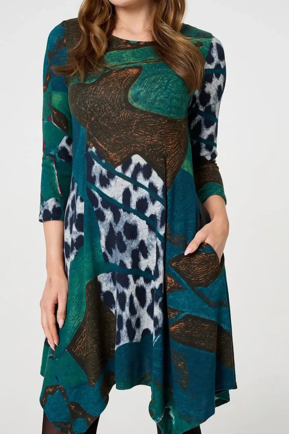 Abstract Hanky Hem 3/4 Sleeve Midi Dress