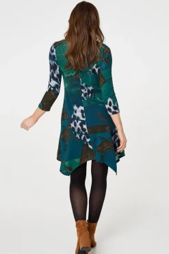 Abstract Hanky Hem 3/4 Sleeve Midi Dress