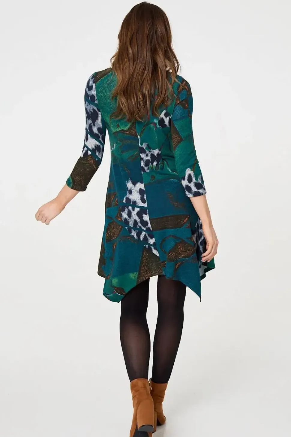 Abstract Hanky Hem 3/4 Sleeve Midi Dress