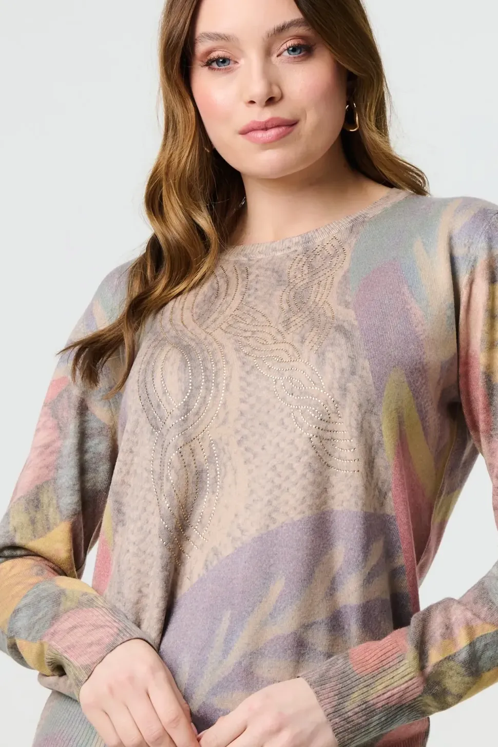 Abstract Long Sleeve Round Neck Knit Top
