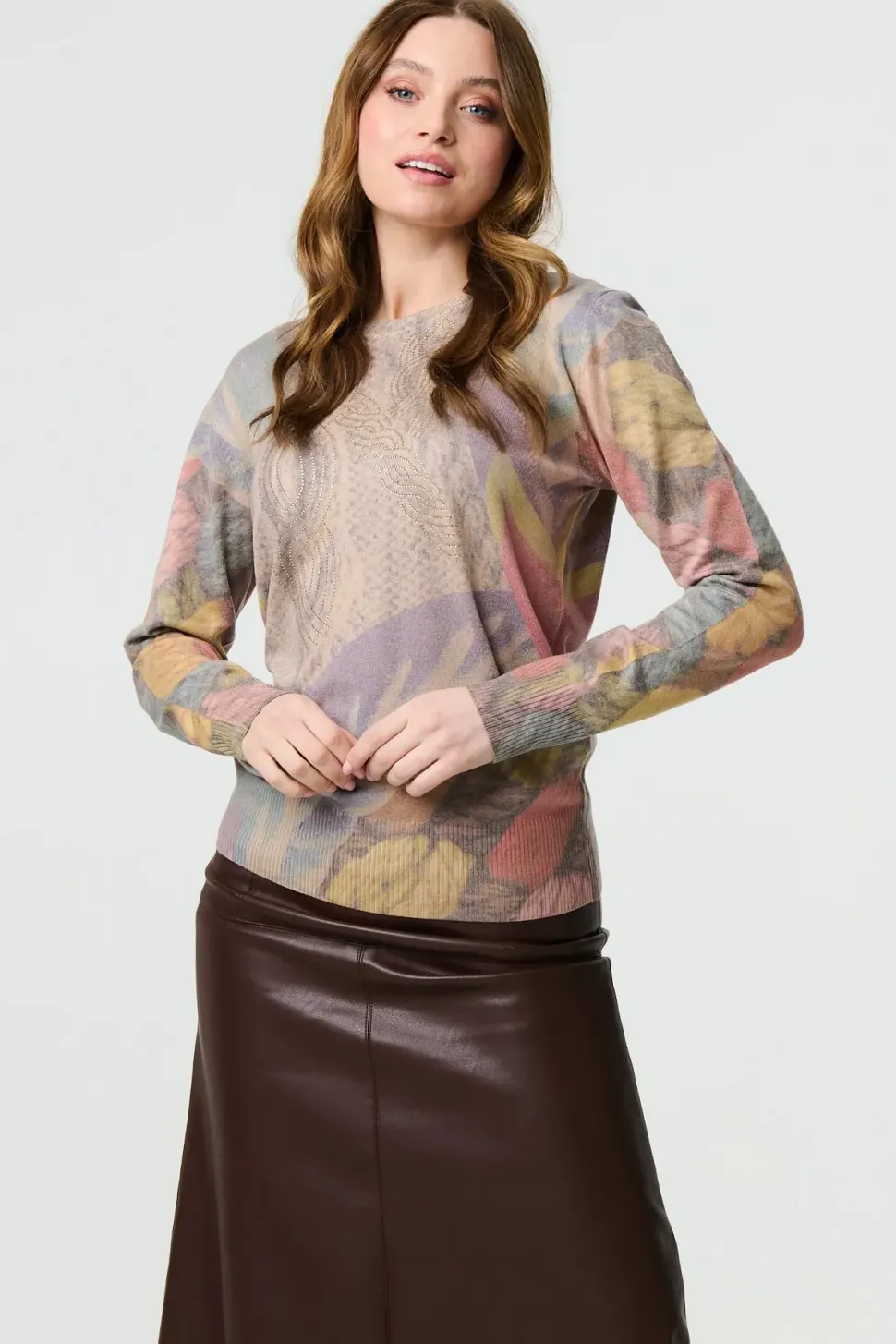 Abstract Long Sleeve Round Neck Knit Top