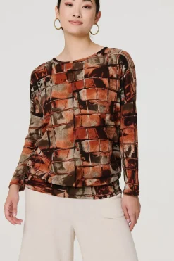 Abstract Long Sleeve Scoop Neck Top