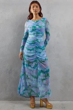 Abstract Marble Mesh Fitted Ruched Midi Dress