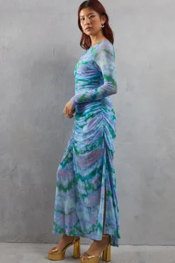 Abstract Marble Mesh Fitted Ruched Midi Dress