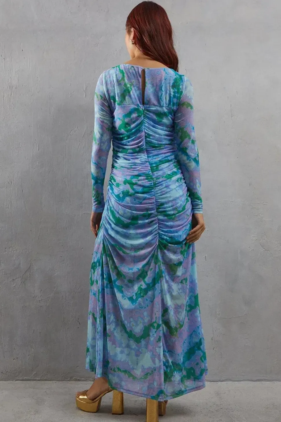 Abstract Marble Mesh Fitted Ruched Midi Dress