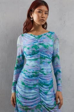 Abstract Marble Mesh Fitted Ruched Midi Dress