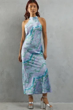 Abstract Marble Satin Halter Neck Backless Slip Dress