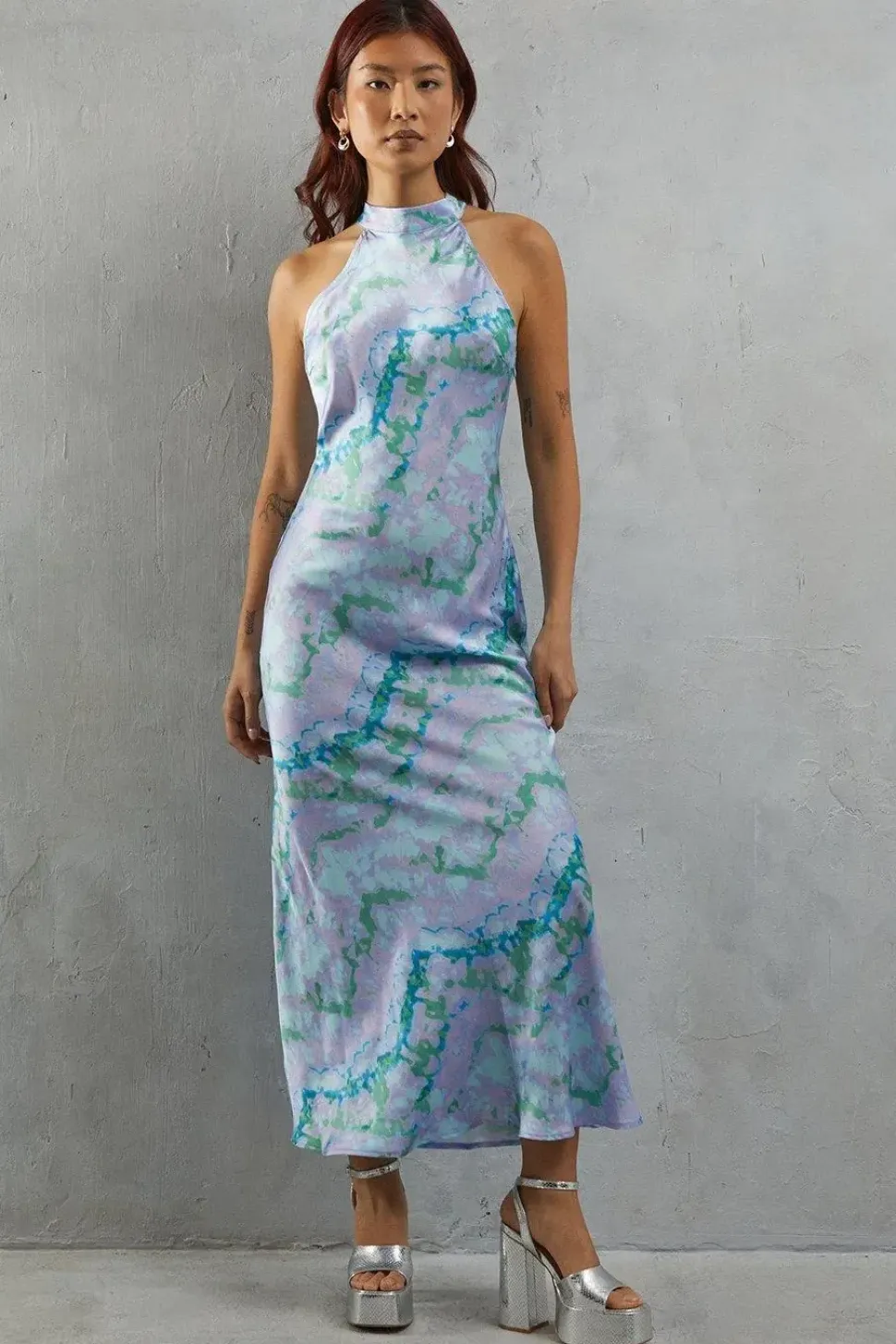 Abstract Marble Satin Halter Neck Backless Slip Dress