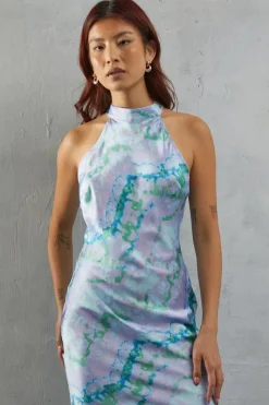 Abstract Marble Satin Halter Neck Backless Slip Dress