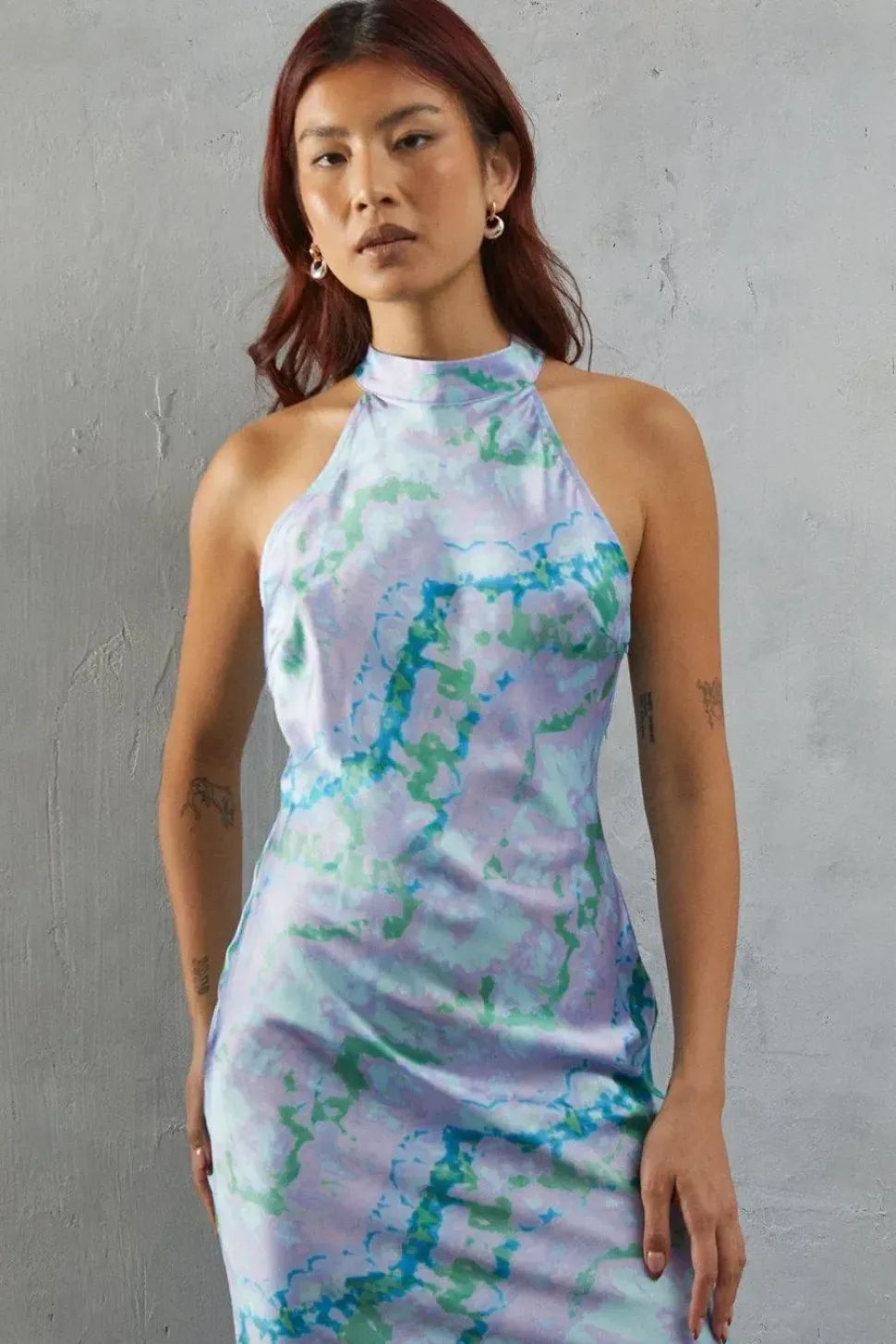 Abstract Marble Satin Halter Neck Backless Slip Dress