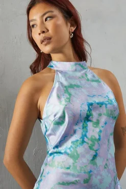 Abstract Marble Satin Halter Neck Backless Slip Dress