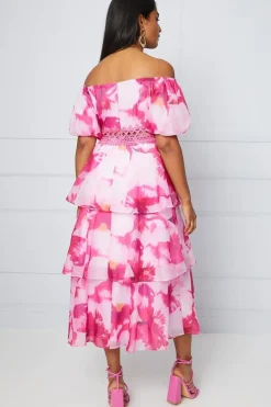 Abstract Organza Off Shoulder Midaxi Dress