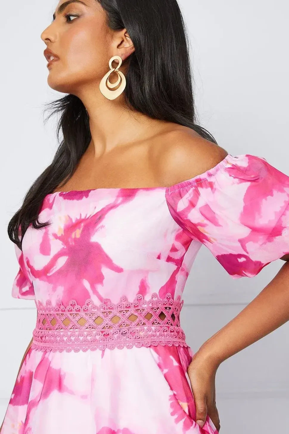 Abstract Organza Off Shoulder Midaxi Dress