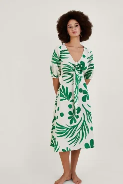 Abstract Palm Print Tie Front Midi Dress