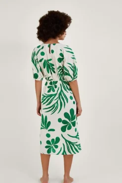 Abstract Palm Print Tie Front Midi Dress