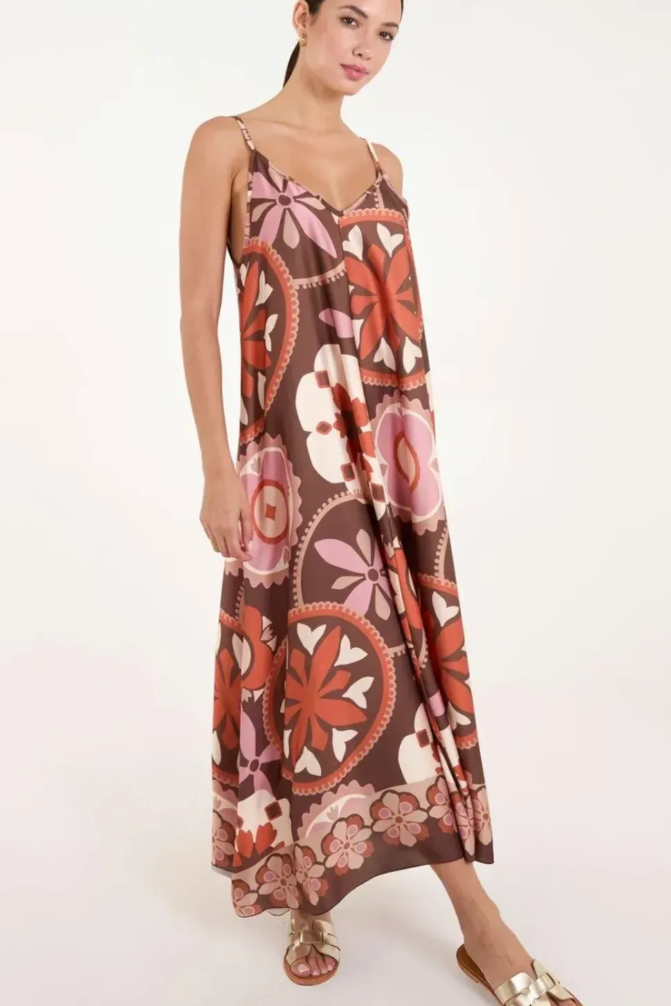 Abstract Printed Cami V Neck Maxi Dress