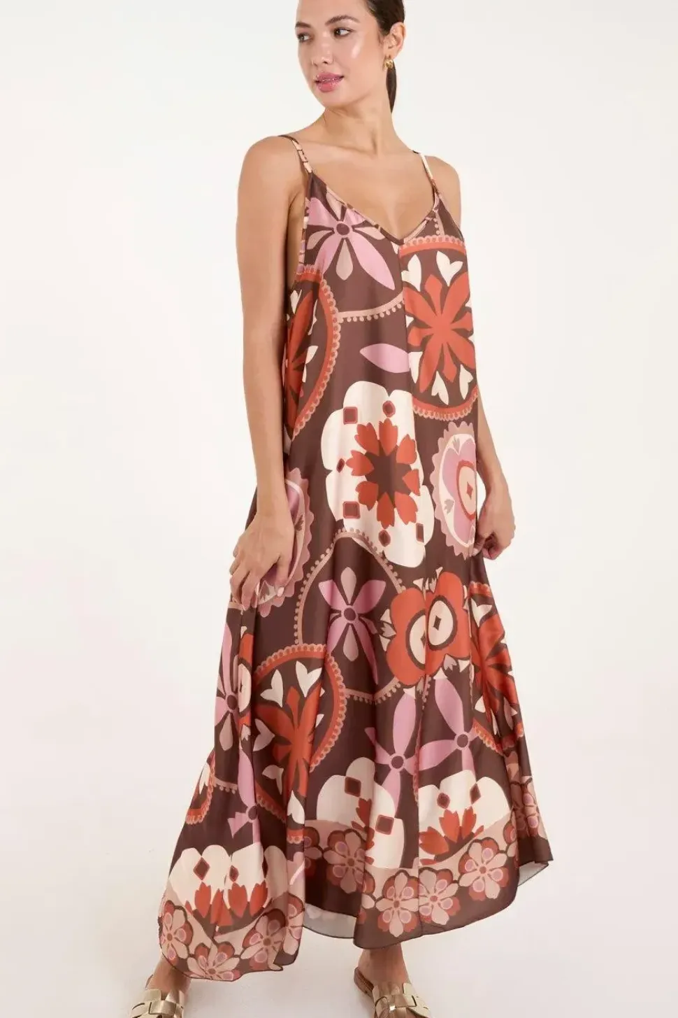 Abstract Printed Cami V Neck Maxi Dress