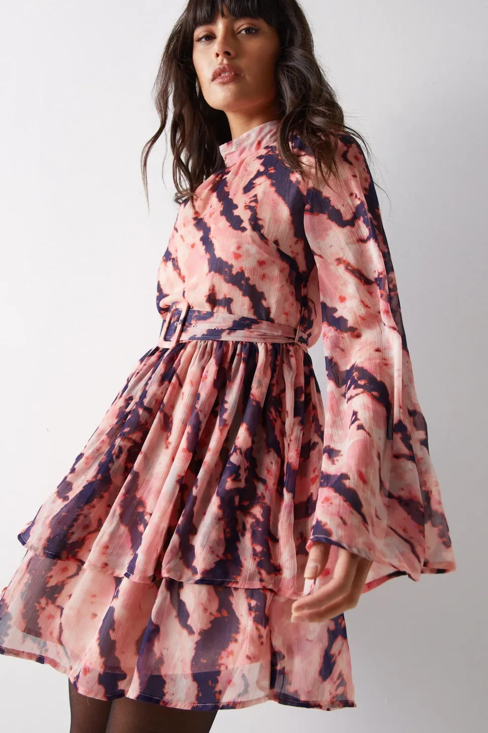 Abstract Print Flared Sleeve Chiffon Mini Dress