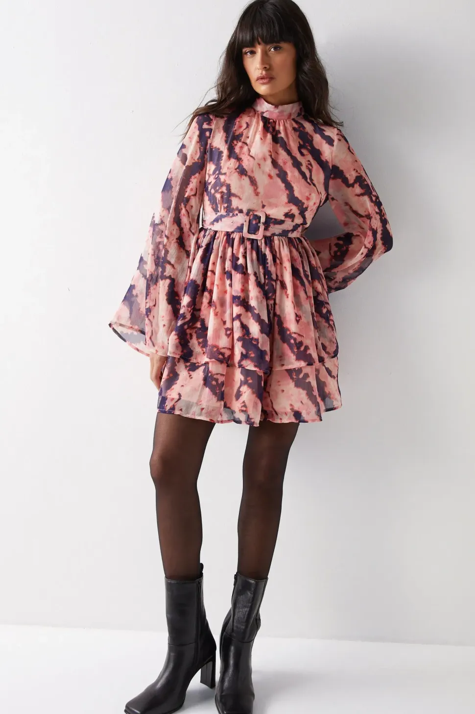 Abstract Print Flared Sleeve Chiffon Mini Dress