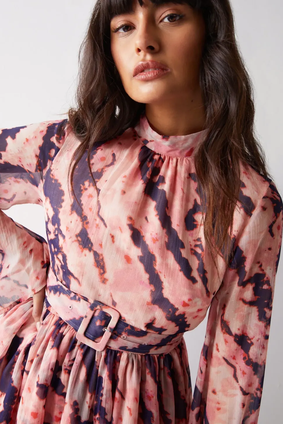 Abstract Print Flared Sleeve Chiffon Mini Dress