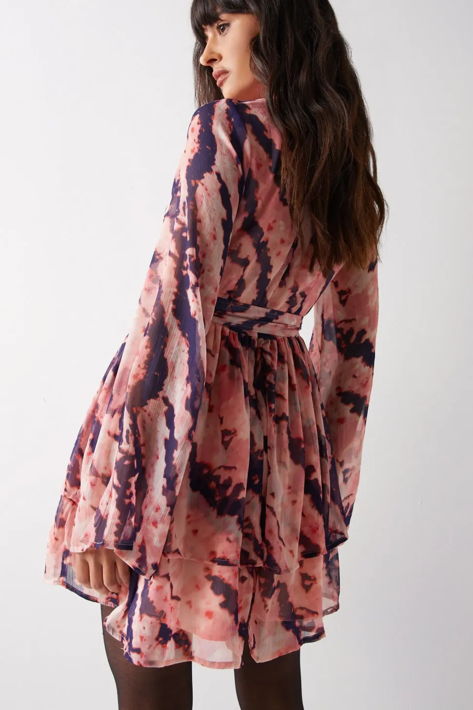 Abstract Print Flared Sleeve Chiffon Mini Dress