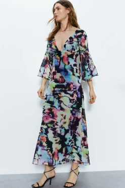 Abstract Print Fluted Sleeve Plunge Maxi Dress