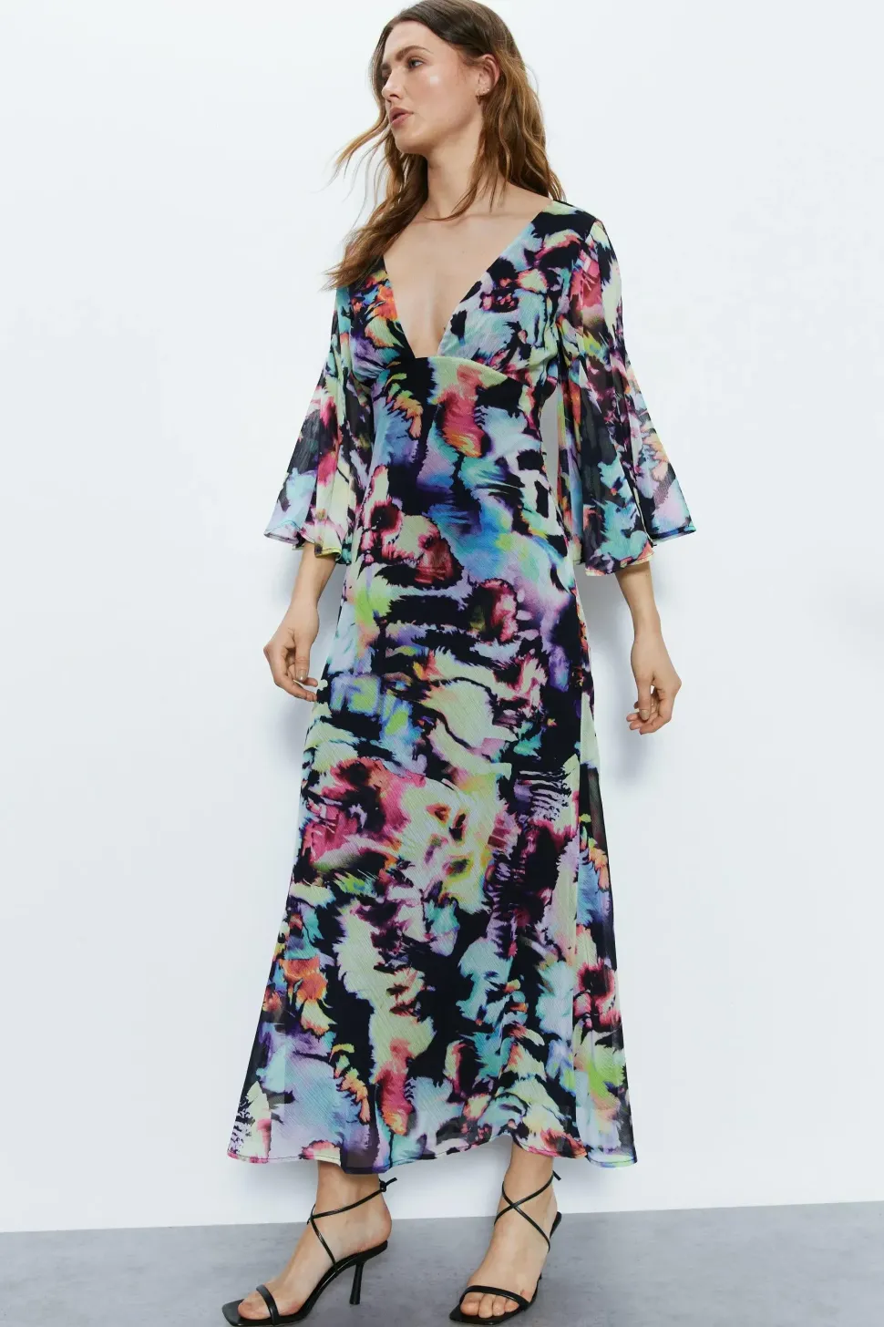 Abstract Print Fluted Sleeve Plunge Maxi Dress