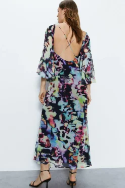 Abstract Print Fluted Sleeve Plunge Maxi Dress