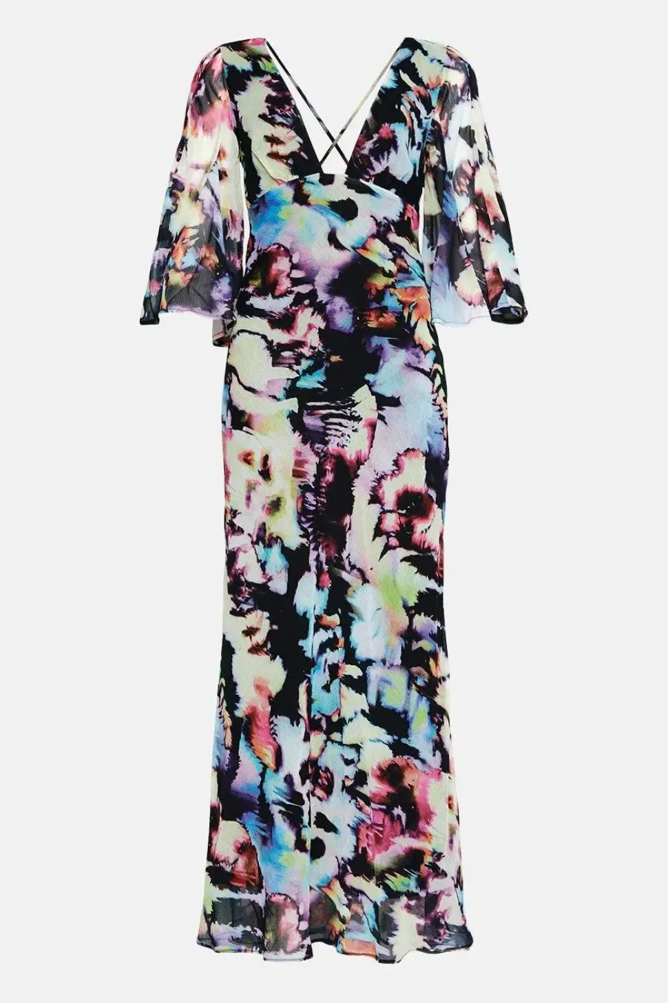 Abstract Print Fluted Sleeve Plunge Maxi Dress