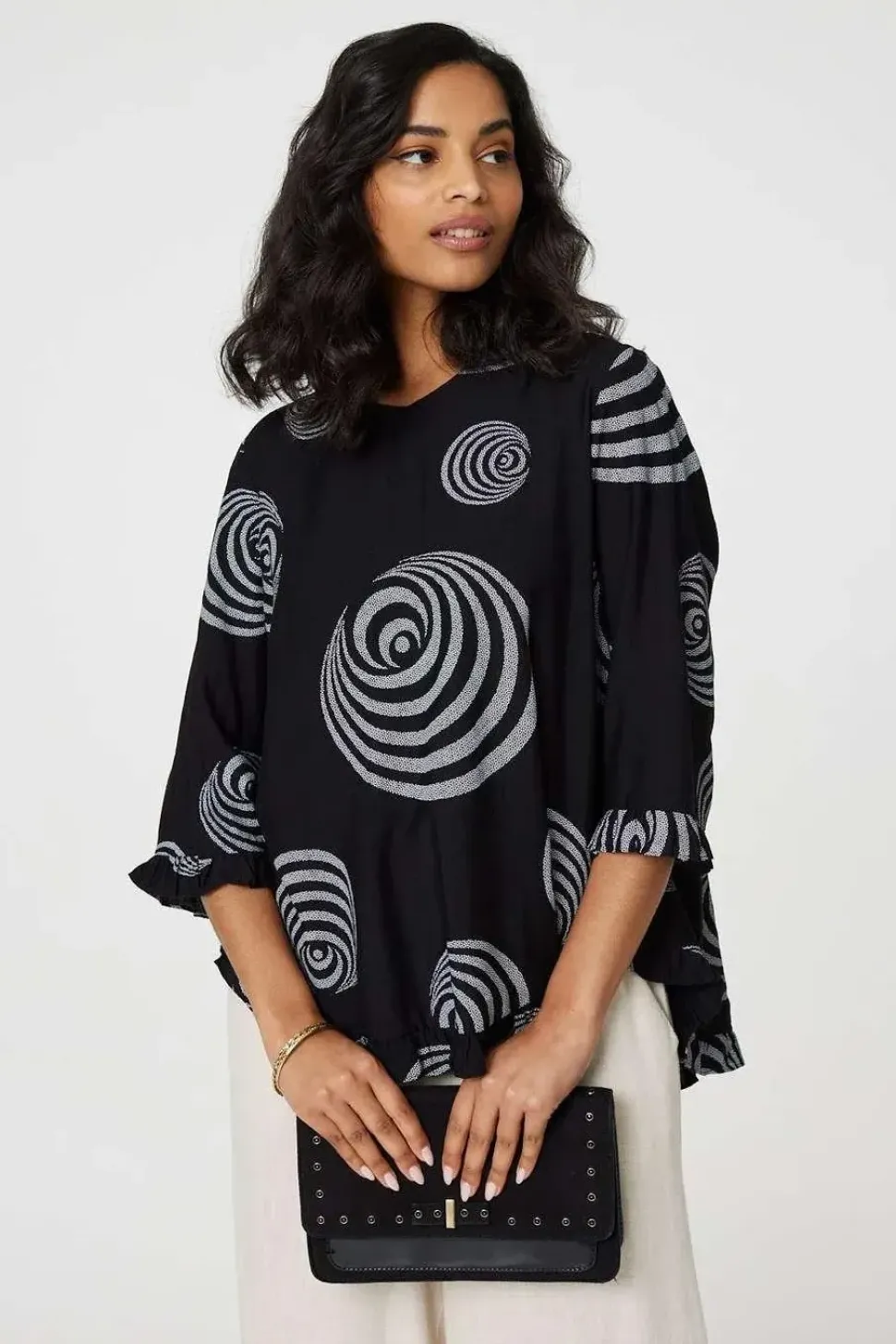 Abstract Print Frill Hem Tunic Top