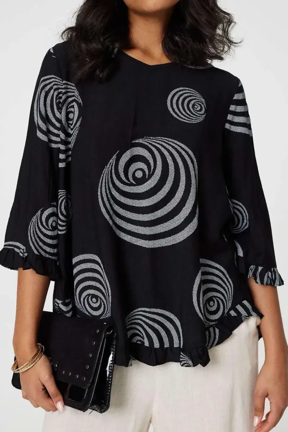 Abstract Print Frill Hem Tunic Top