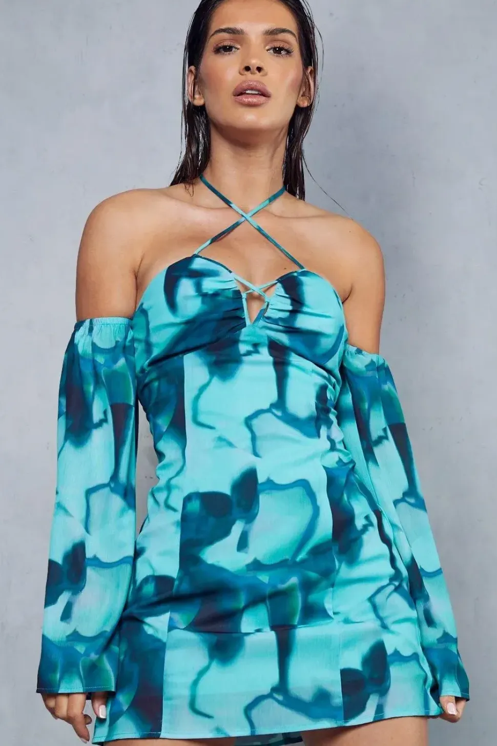 Abstract Print Halterneck Flare Sleeve Mini Dress