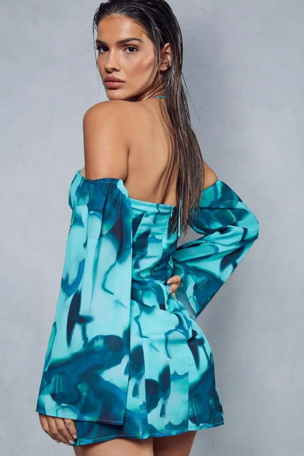 Abstract Print Halterneck Flare Sleeve Mini Dress