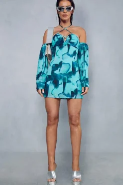 Abstract Print Halterneck Flare Sleeve Mini Dress