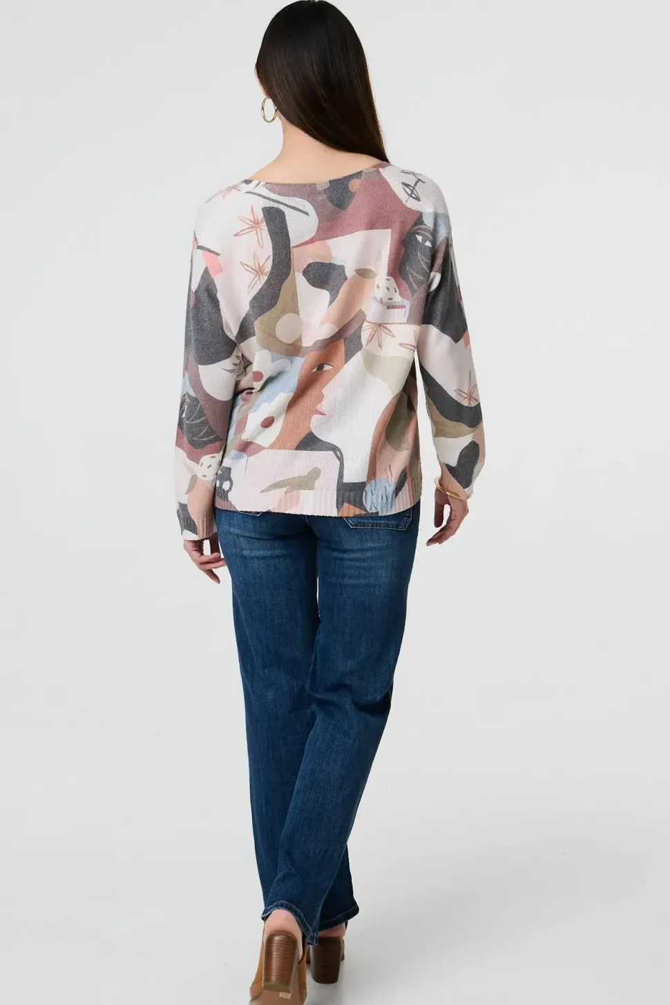 Abstract Print Long Sleeve Knit Top
