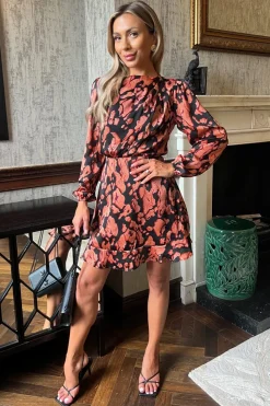 Abstract Print Long Sleeve Pleated Shoulder Mini Dress