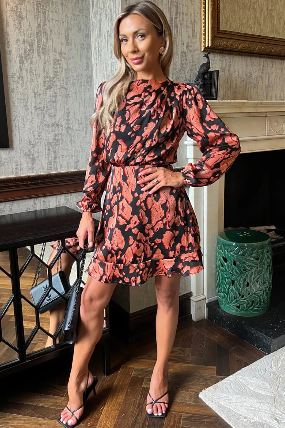 Abstract Print Long Sleeve Pleated Shoulder Mini Dress
