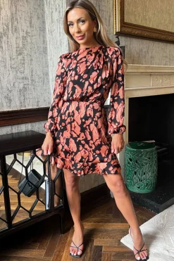 Abstract Print Long Sleeve Pleated Shoulder Mini Dress