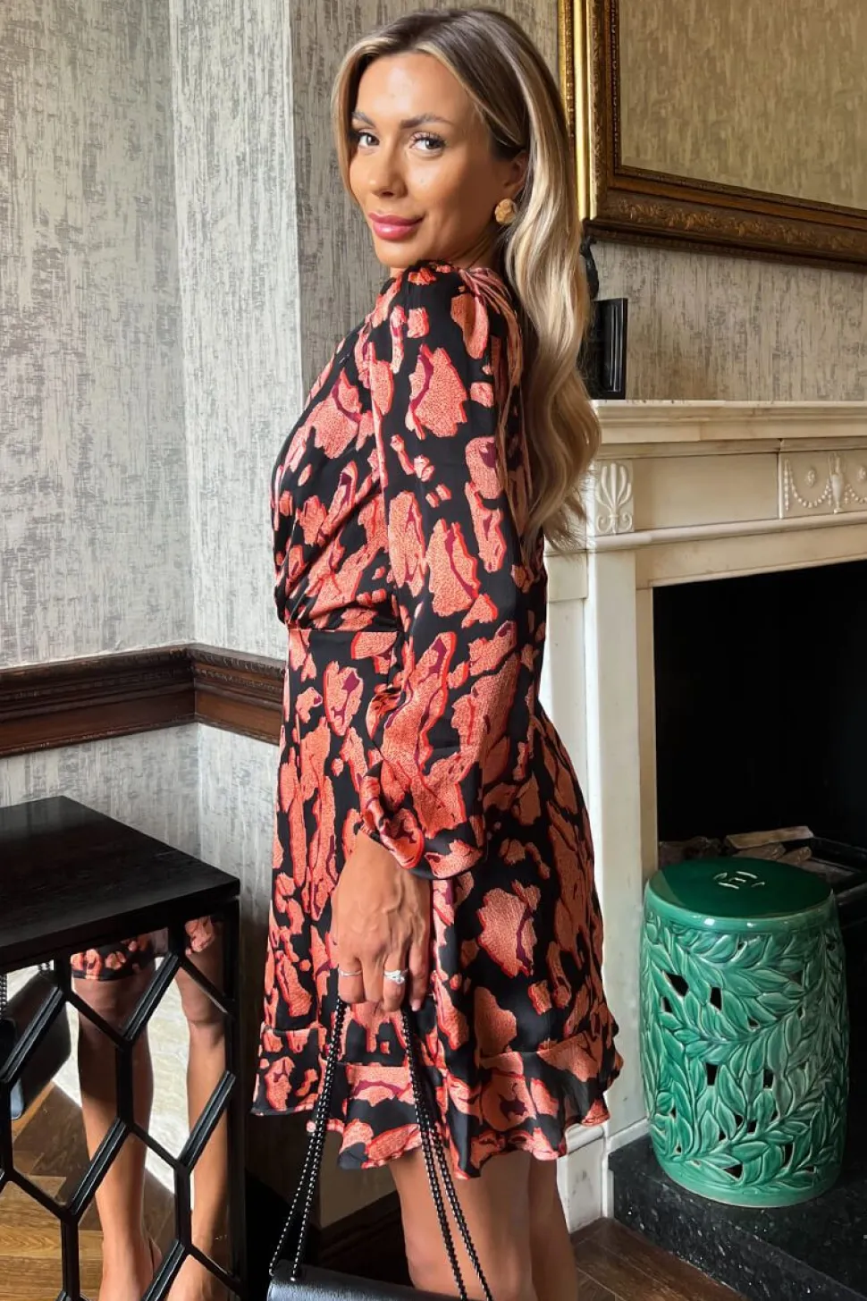 Abstract Print Long Sleeve Pleated Shoulder Mini Dress