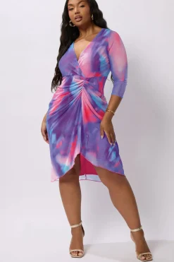 Abstract Print Mesh Gathered Midi Dress