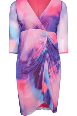 Abstract Print Mesh Gathered Midi Dress