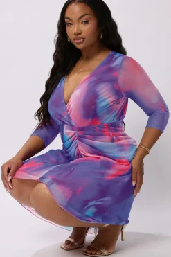 Abstract Print Mesh Gathered Midi Dress
