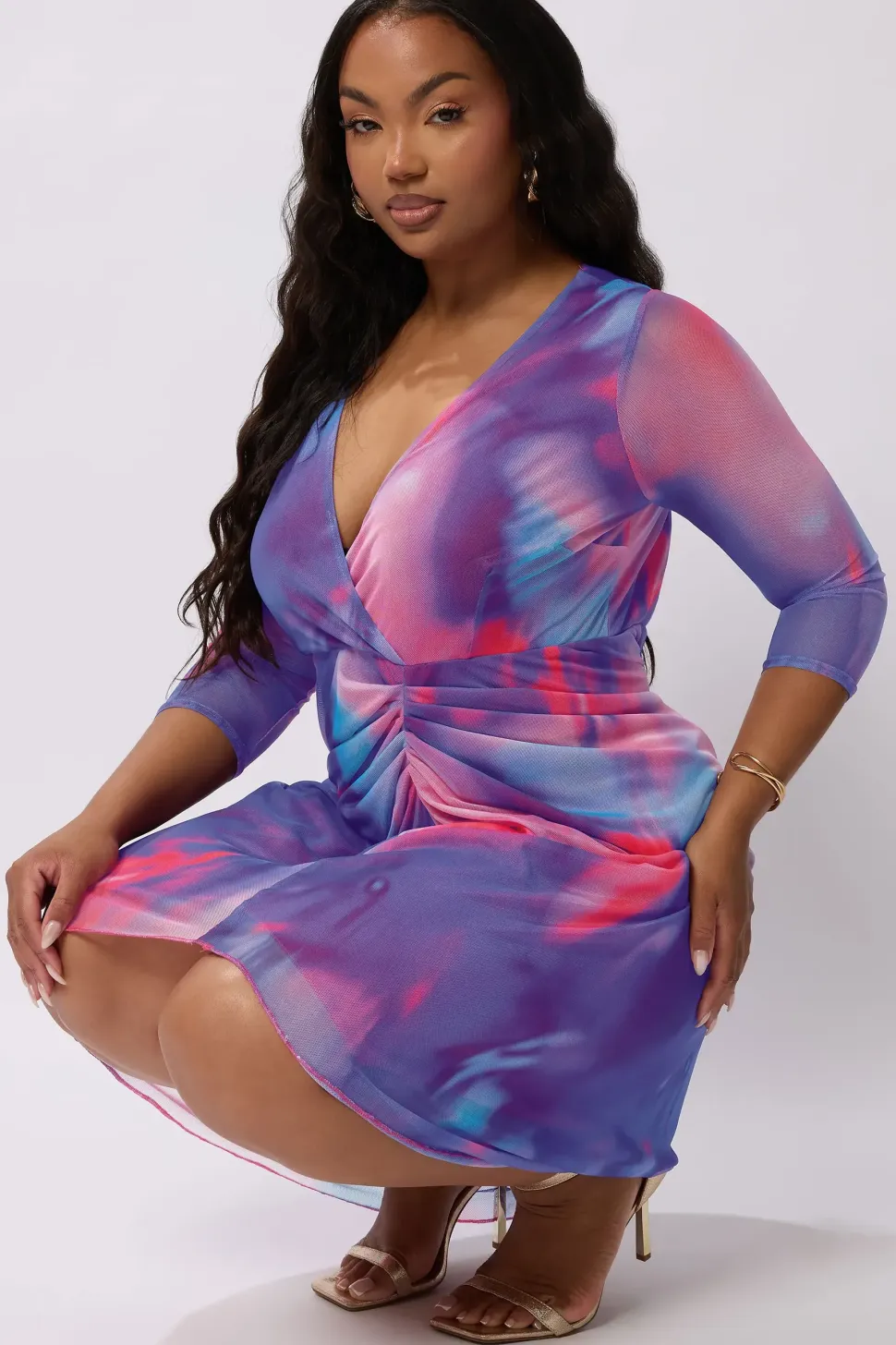 Abstract Print Mesh Gathered Midi Dress